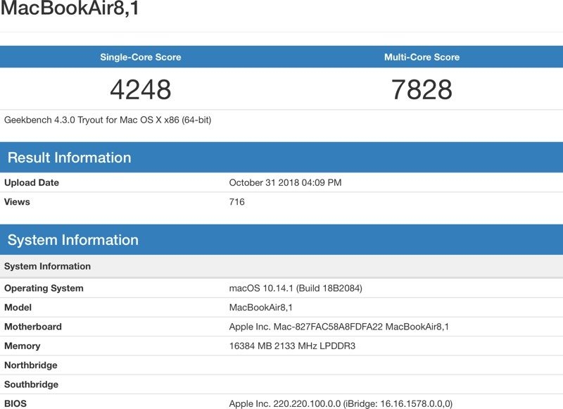 Rò rỉ điểm hiện năng của MacBook Air 2018