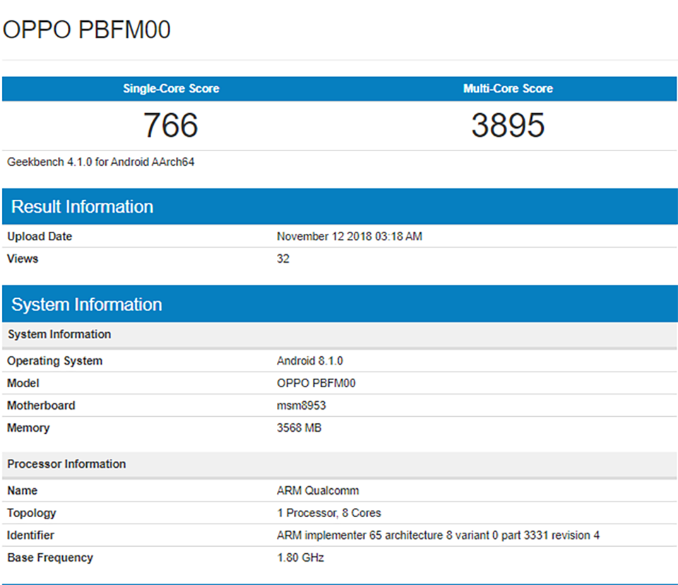 OPPO A7 xuất hiện trên Geekbench