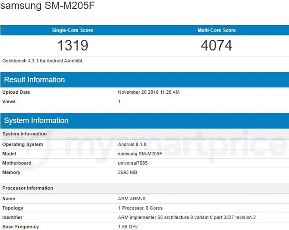 Galaxy M20 lộ cấu hình trên Geekbench Galaxy M20 lộ cấu hình trên Geekbench