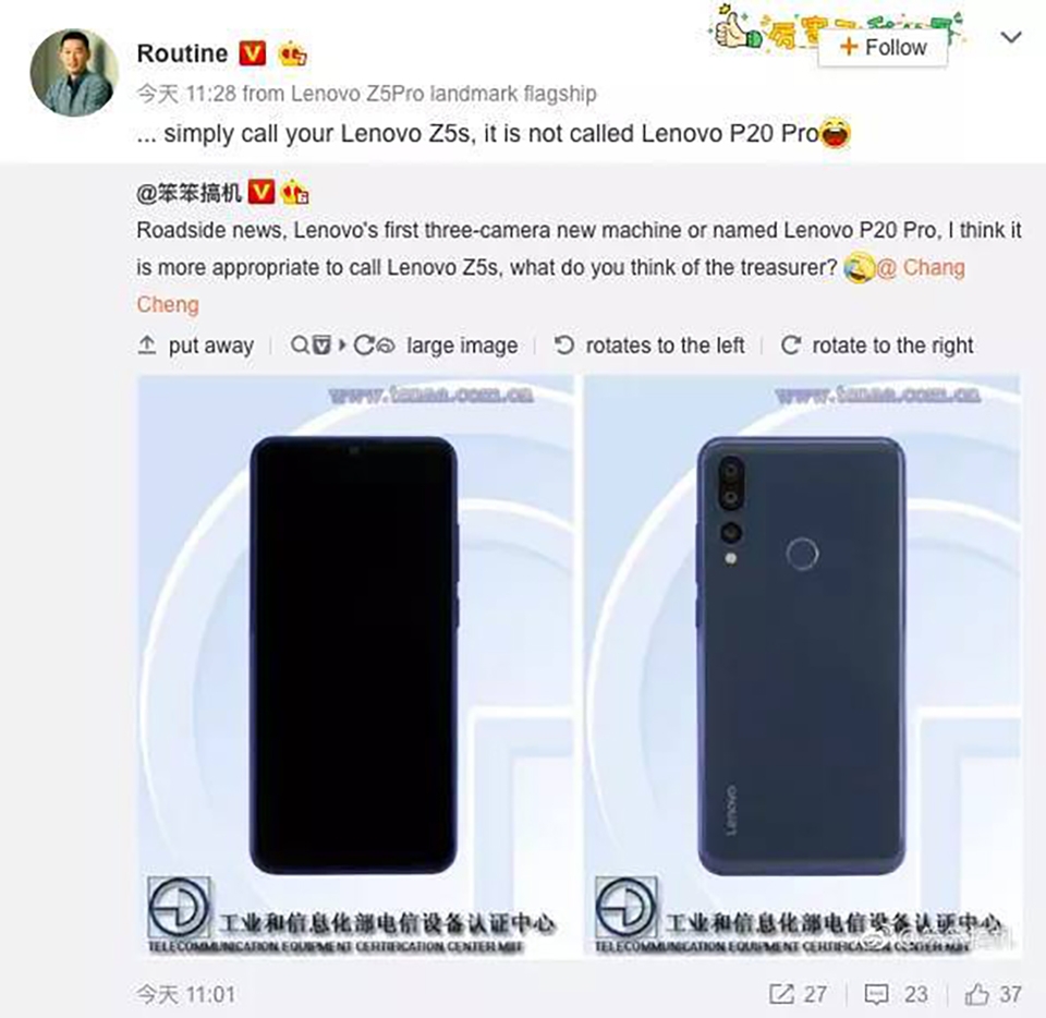 Lenovo Z5s sẽ có 3 camera sau Lenovo Z5s sẽ có 3 camera sau