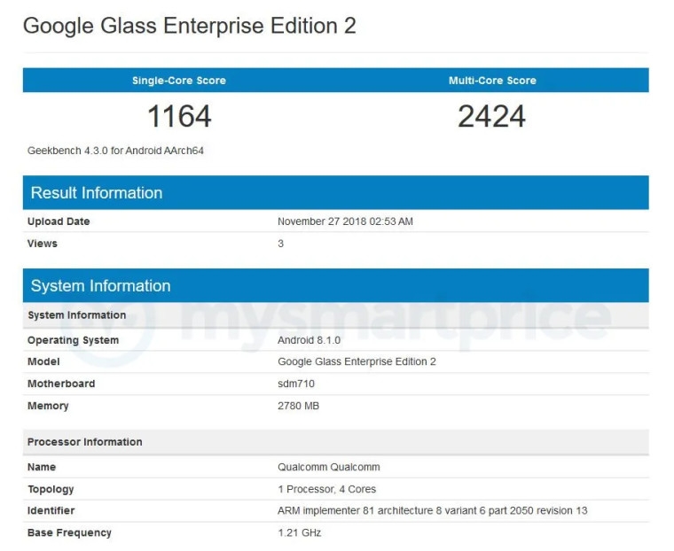 Google Glass Enterprise Edition 2 xuất hiện trên Geekbench 2