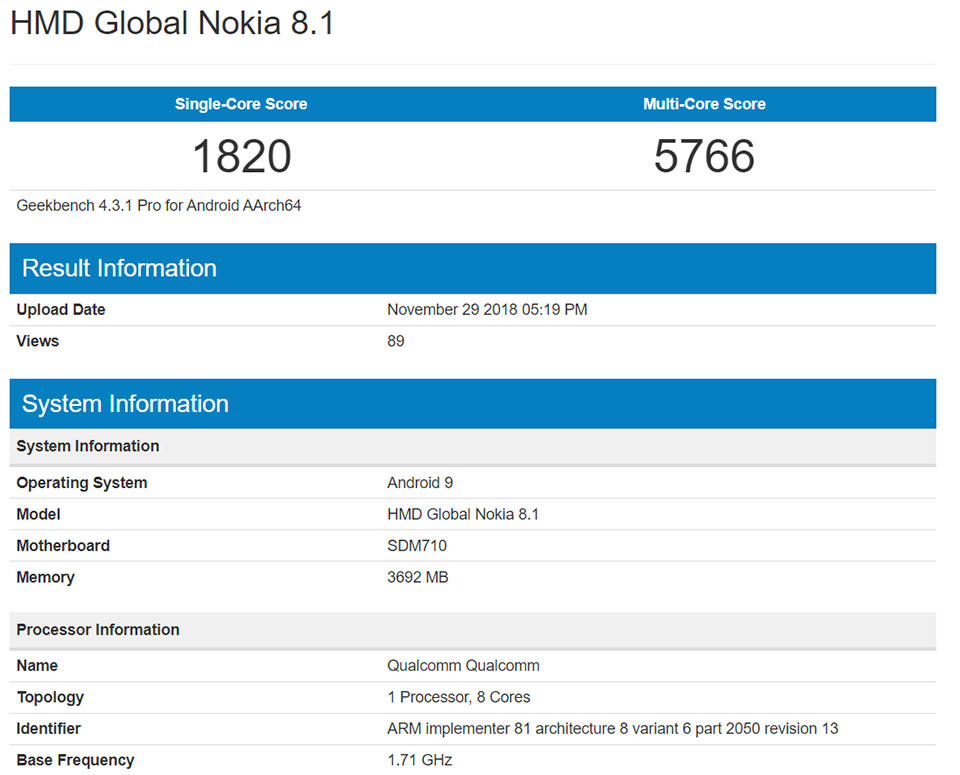 Nokia 8.1 xuất hiện trên Geekbench
