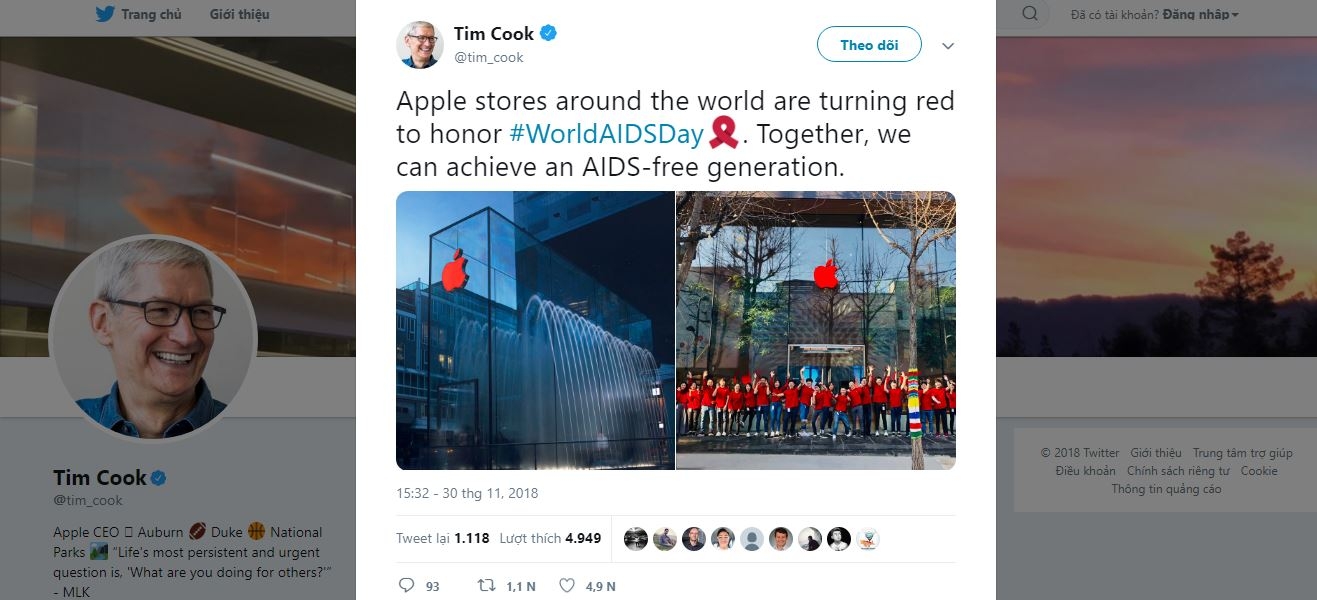 Apple Store trên thế giới đồng loạt thay logo màu đỏ nhân ngày Quốc tế phòng chống AIDS