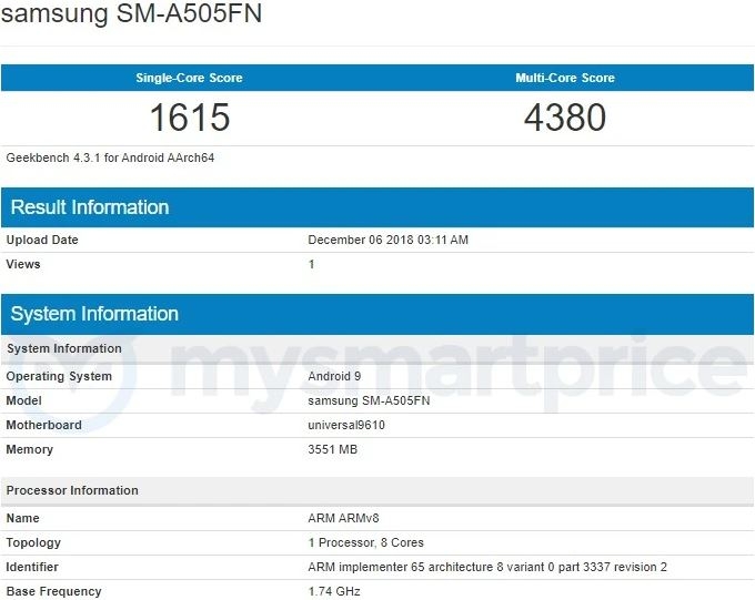 Samsung Galaxy A50 xuất hiện với chip Exynos 9610 và 4GB RAM (ảnh 2)