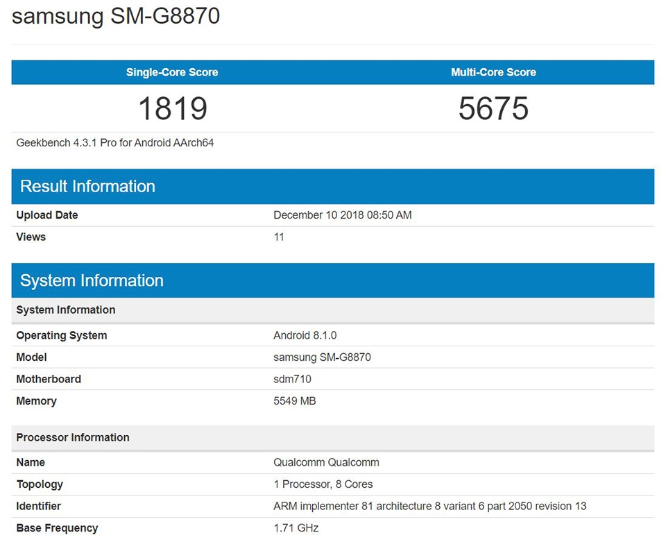 Galaxy A8s lộ điểm hiệu năng trên Geekbench