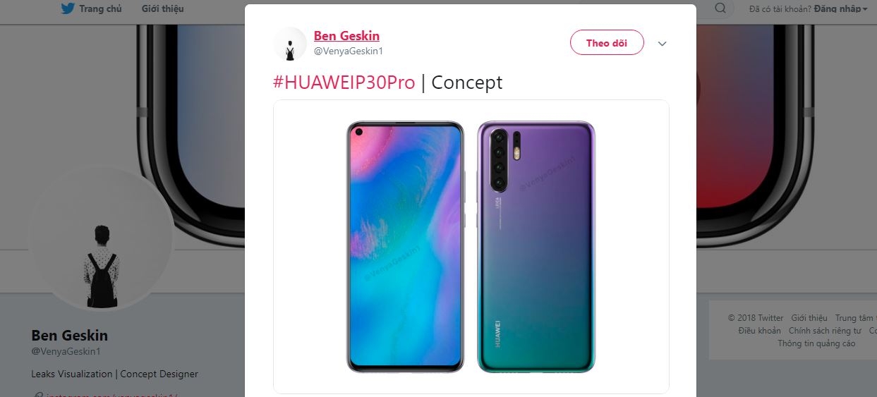Huawei P30 sẽ trang bị 5 camera, màn hình “khoét lỗ”