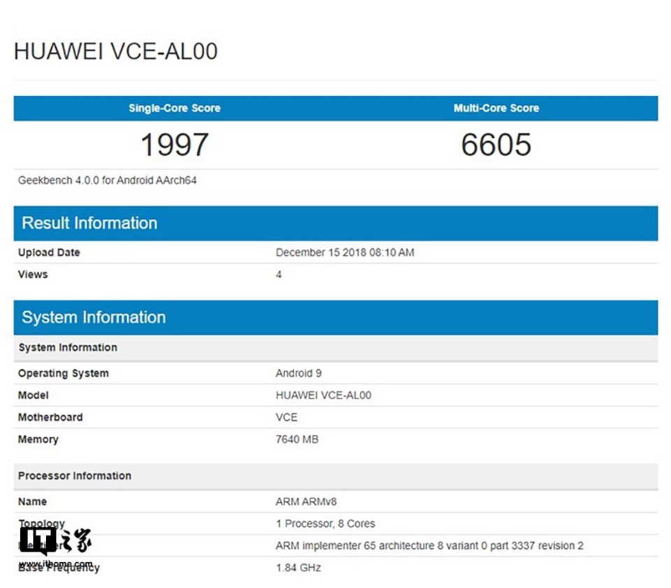 Huawei Nova 4 lộ cấu hình trên Geekbench Huawei Nova 4 lộ cấu hình trên Geekbench