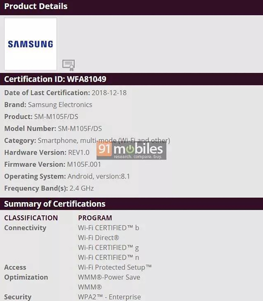 Galaxy M10 đạt chứng nhận Wifi
