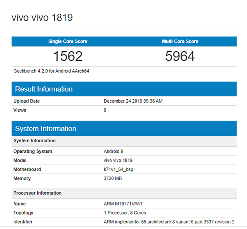 Vivo 1819 lộ cấu hình trên Geekbench