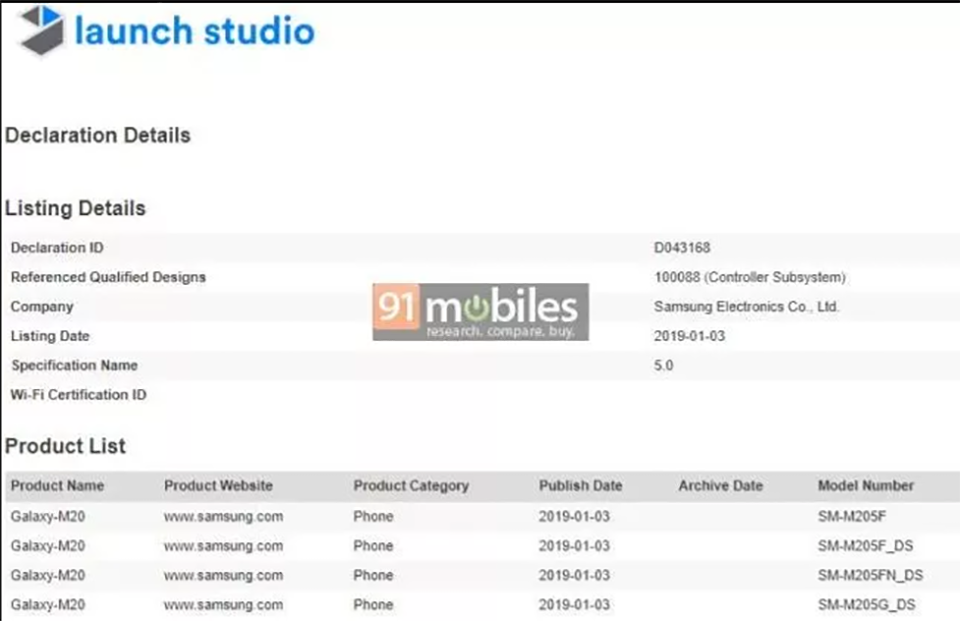 Galaxy M20 đạt chứng nhận Bluetooth