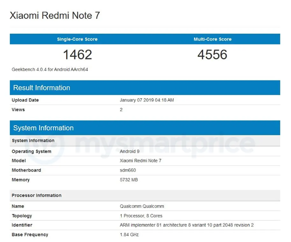 Xiaomi Redmi Note 7 lộ cấu hình trên Geekbench Xiaomi Redmi Note 7 lộ cấu hình trên Geekbench