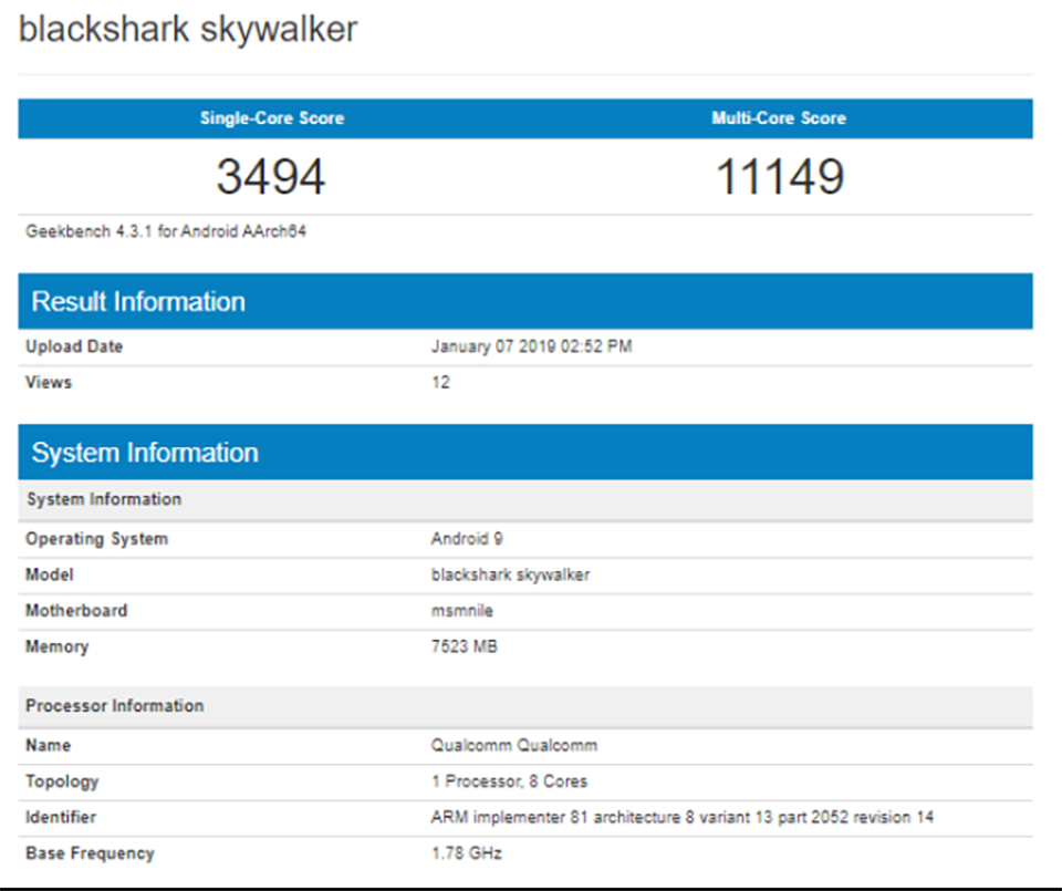 Xiaomi Black Shark 2 xuất hiện trên Geekbench Xiaomi Black Shark 2 xuất hiện trên Geekbench