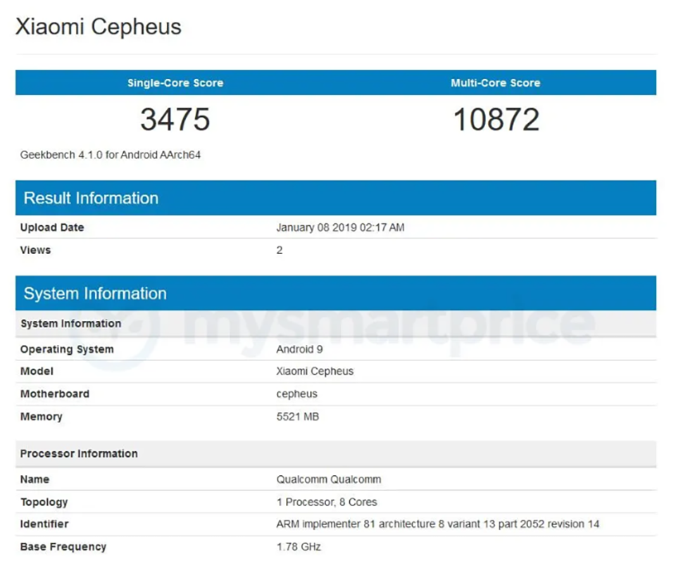 Xiaomi Cepheus lộ cấu hình trên Geekbench Xiaomi Cepheus lộ cấu hình trên Geekbench