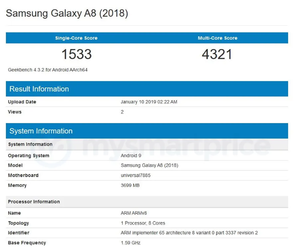 Galaxy A8 2018 xuất hiện trên Geekbench với Android Pie