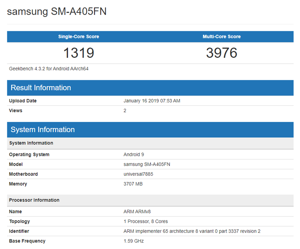 Galaxy A4+ lộ cấu hình trên Geekbench Galaxy A4+ lộ cấu hình trên Geekbench
