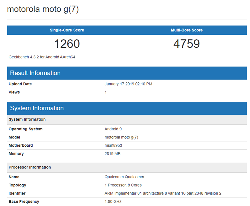Moto G7 lộ cấu hình trên Geekbench