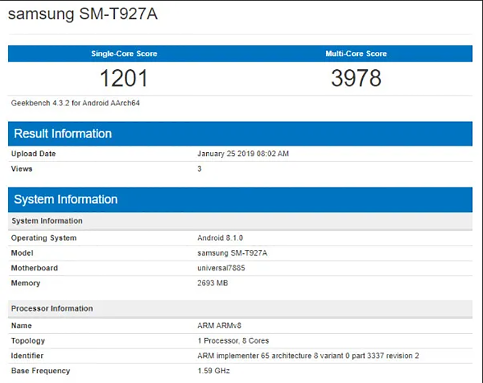 Galaxy View 2 lộ cấu hình trên Geekbench