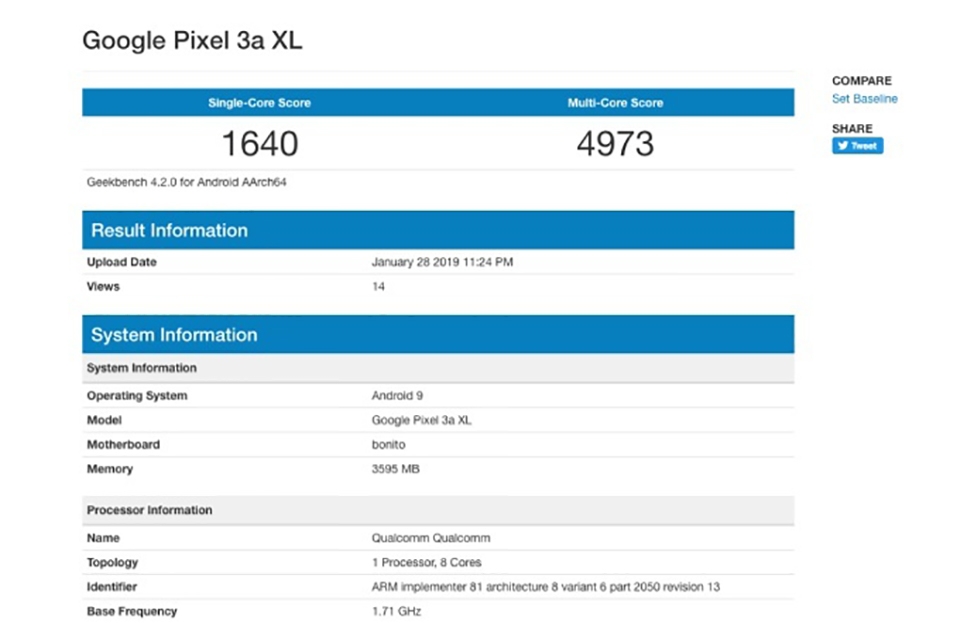 Pixel 3a XL lộ cấu hình trên Geekbench