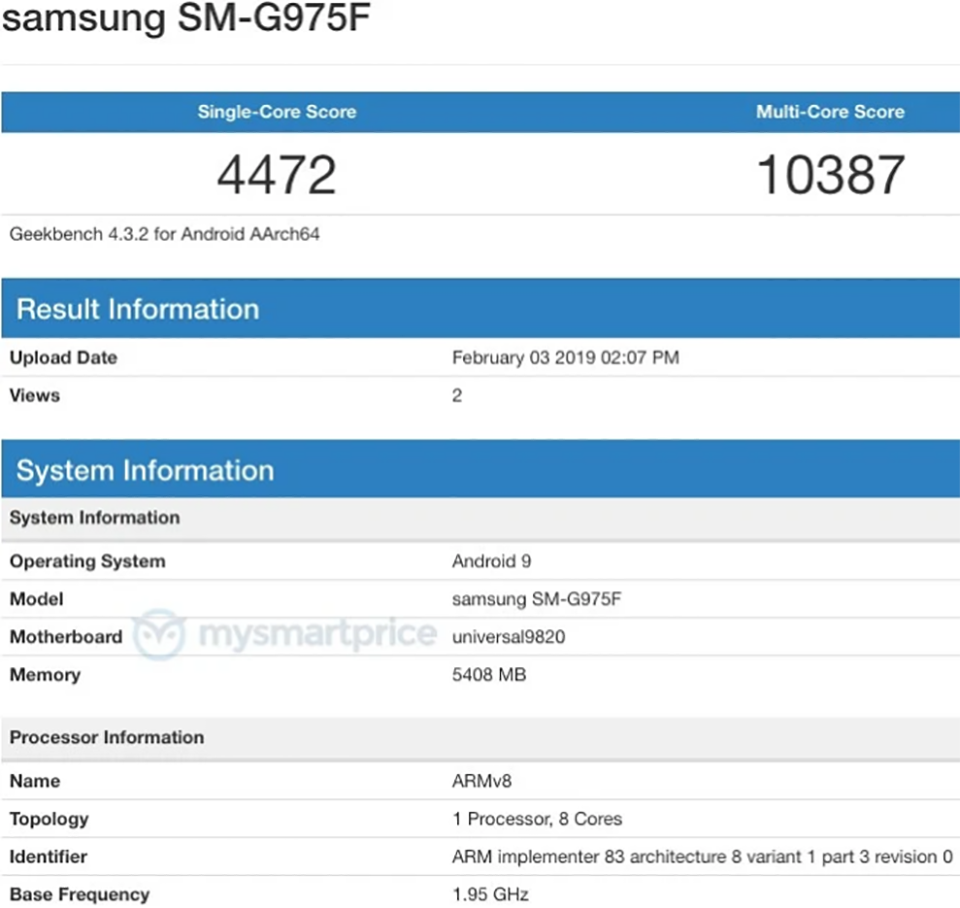 Galaxy S10+ lộ cấu hình trên Geekbench Galaxy S10+ lộ cấu hình trên Geekbench