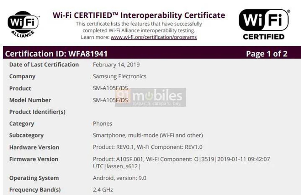 Galaxy A10 đạt chứng nhận Wifi