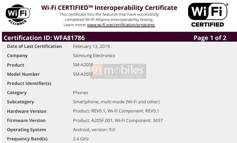 Galaxy A20 đạt chứng nhận Wifi
