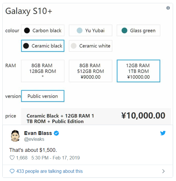 Rò rỉ giá bán của Galaxy S10+ Ceramic edition phiên bản RAM 12GB + ROM 1TB