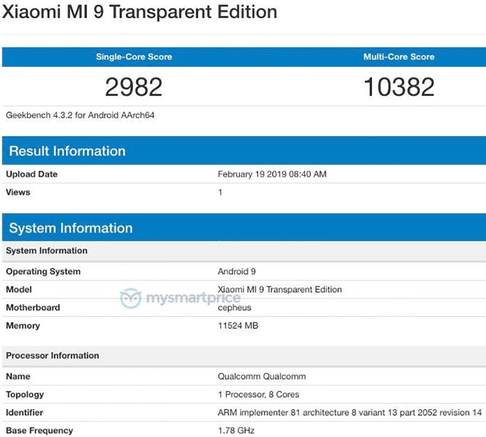 Xiaomi Mi 9 Transparent Edition lộ cấu hình trên Geekbench