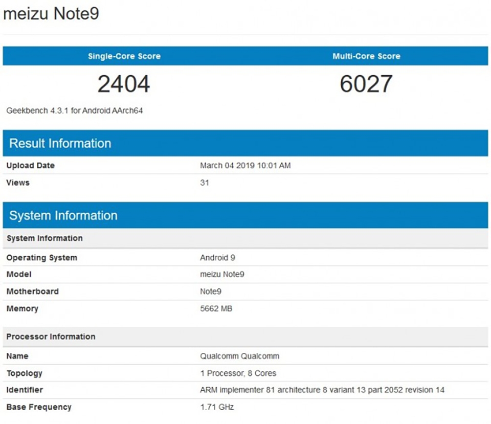 Meizu Note 9 lộ cấu hình trên Geekbench