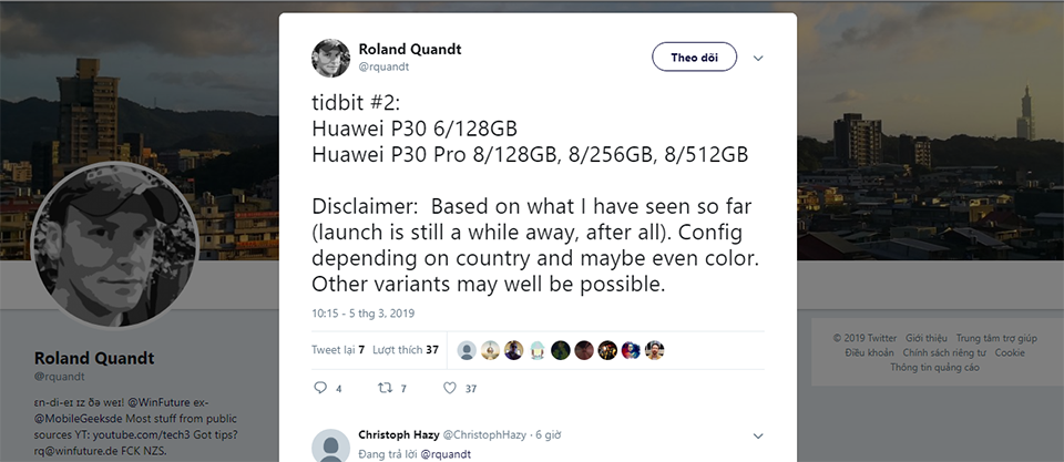 Các phiên bản cấu hình Huawei P30 và P30 Pro