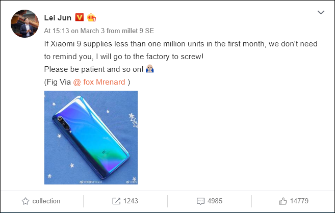CEO Xiaomi hứa sẽ lắp ráp Mi 9 nếu không đủ 1 triệu máy cung cấp ra thị trường