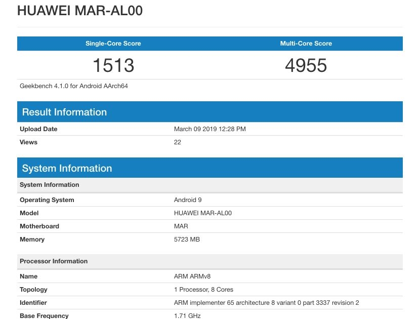 Huawei Nova 4e trang bị chip Kirin 710, RAM 6GB lộ điểm sức mạnh