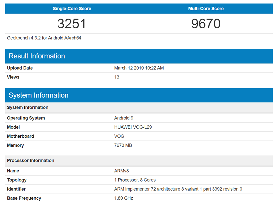 Huawei P30 Pro lộ cấu hình trên Geekbench