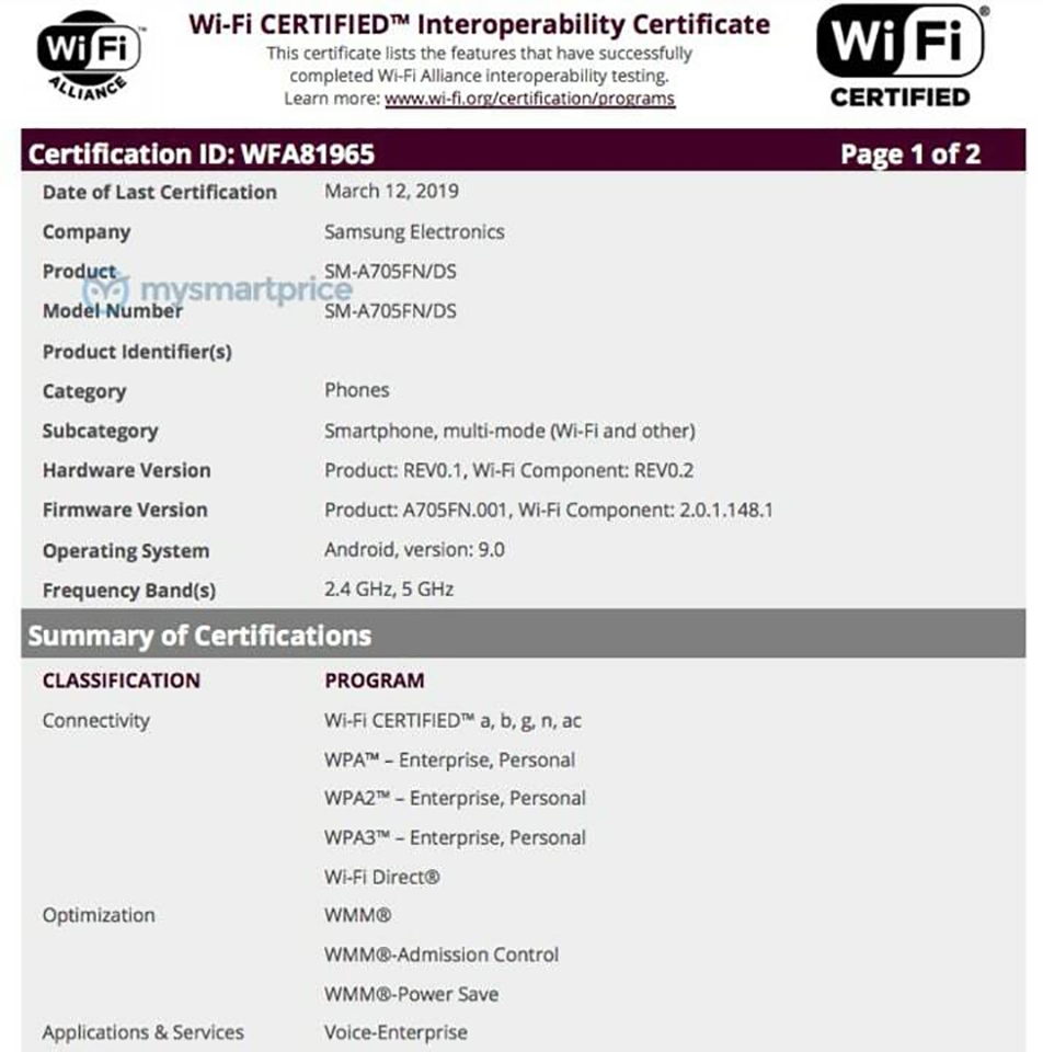 Galaxy A70 đạt chứng nhận Wifi
