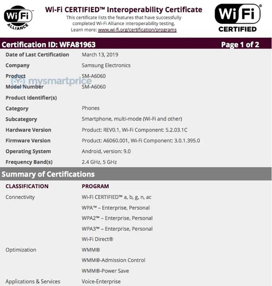 Galaxy A60 đạt chứng nhận Wifi Galaxy A60 đạt chứng nhận Wifi