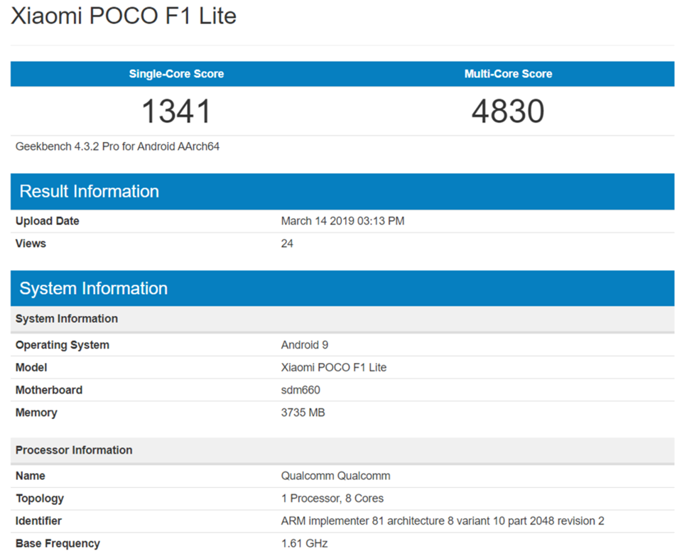 Pocophone F1 lộ cấu hình trên Geekbench Pocophone F1 lộ cấu hình trên Geekbench