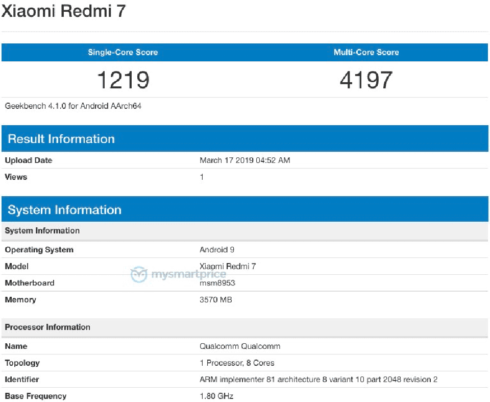 Redmi 7 lộ cấu hình trên Geekbench