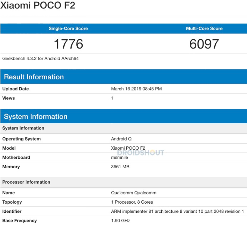 Poco F2 lộ cấu hình trên Geekbench Poco F2 lộ cấu hình trên Geekbench