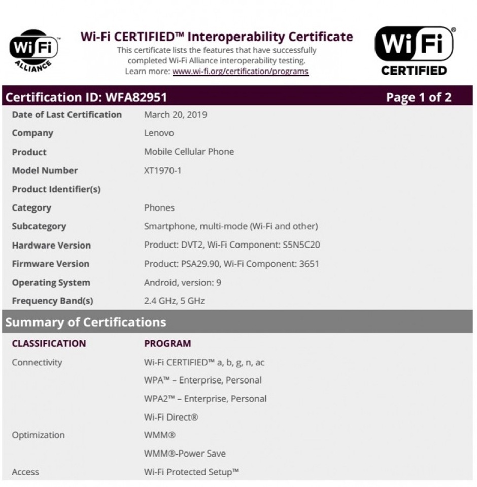 Motorola One Vision đạt chứng nhận Wifi Motorola One Vision đạt chứng nhận Wifi