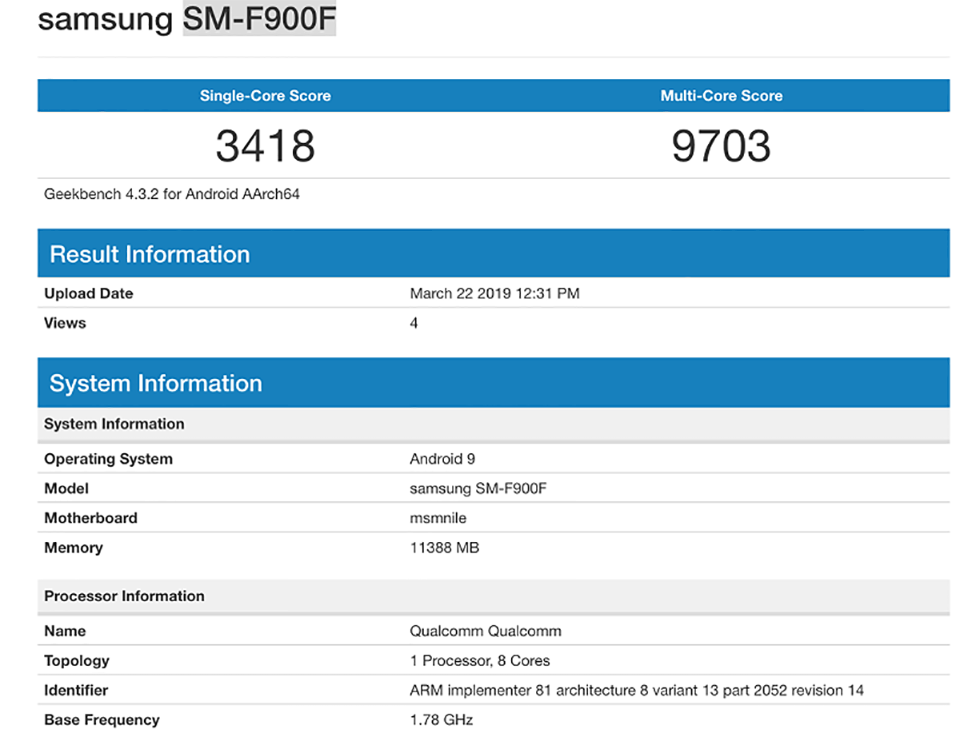 Galaxy Fold xuất hiện trên Geekbench Galaxy Fold xuất hiện trên Geekbench