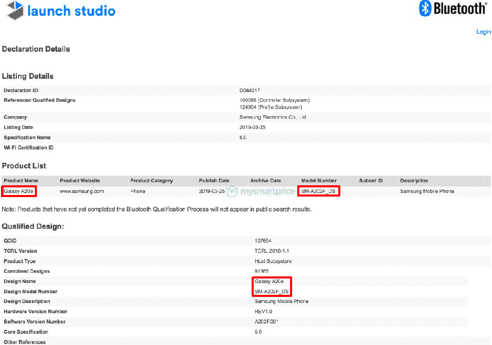 Galaxy A20e đạt chứng nhận Bluetotooth