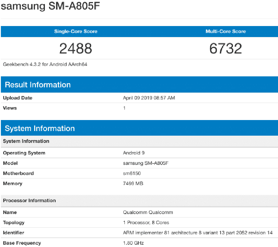 Galaxy A80 lộ cấu hình trên Geekbench Galaxy A80 lộ cấu hình trên Geekbench