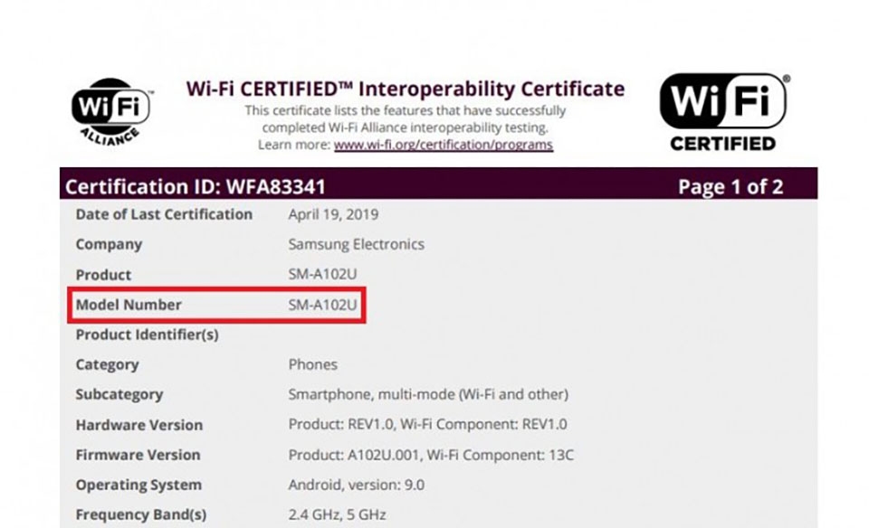 Galaxy A10e đạt chứng nhận Wifi Galaxy A10e đạt chứng nhận Wifi