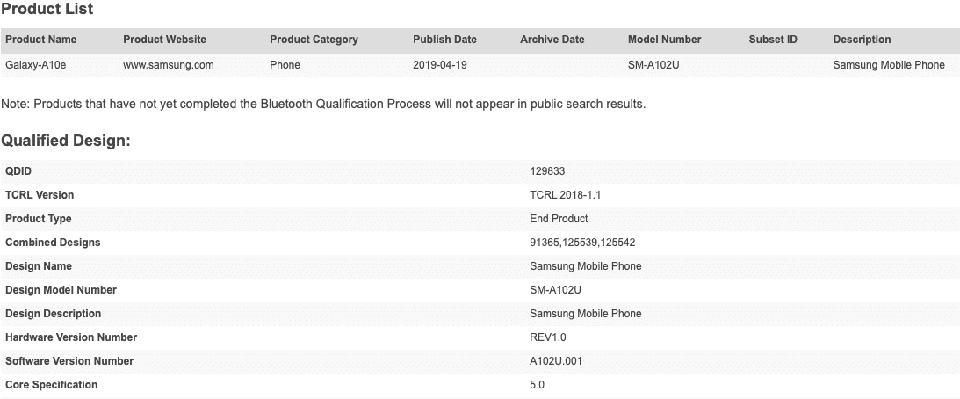 Galaxy A10e đạt chứng nhận Bluetooth