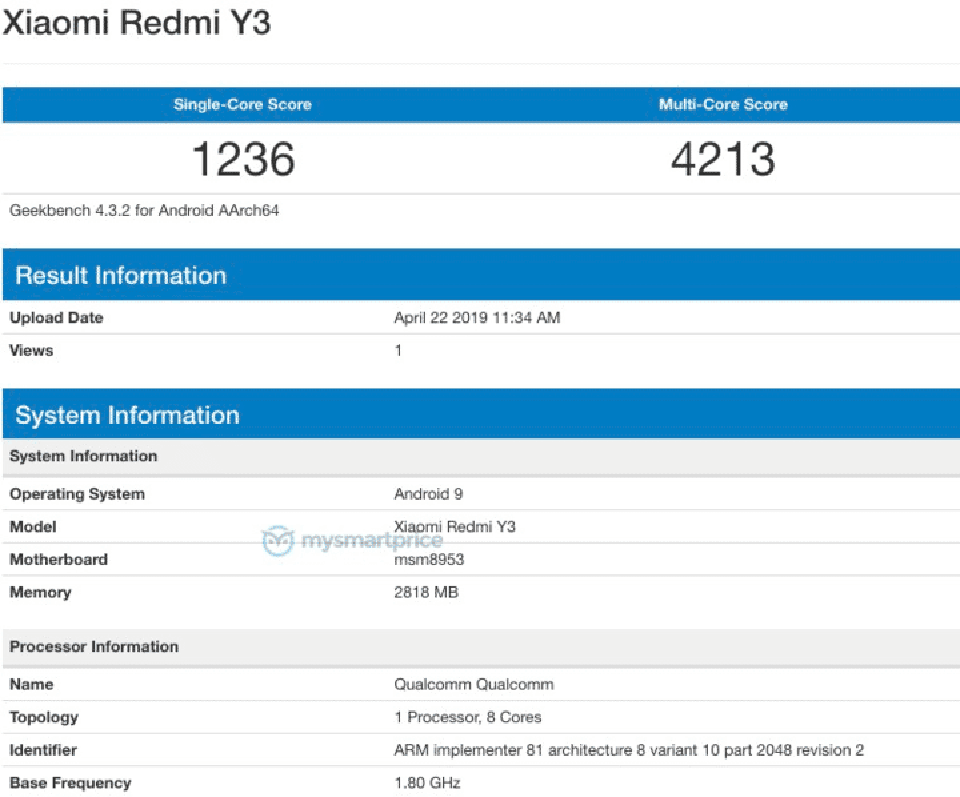 Redmi Y3 lộ cấu hình trên Geekbench