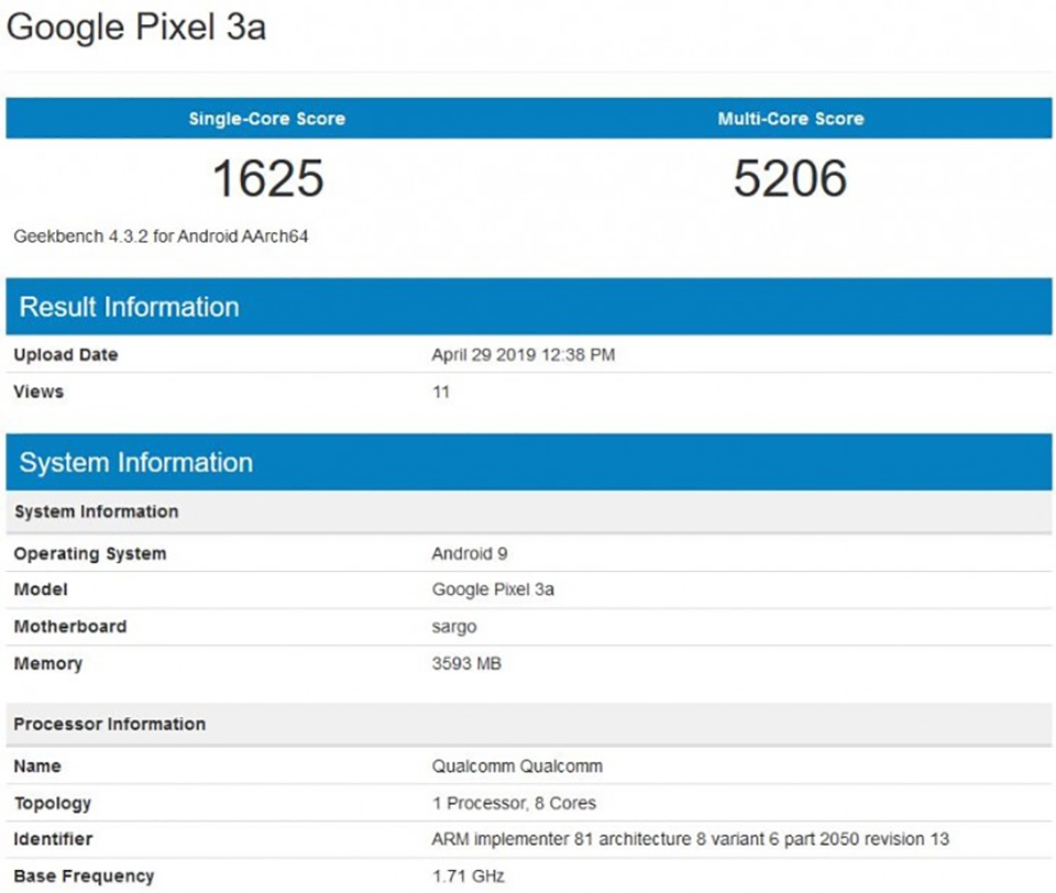 Pixel 3a lộ cấu hình trên Geekbench