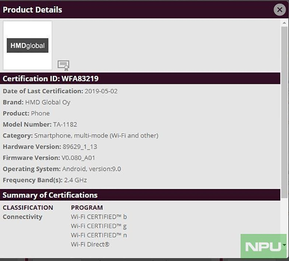 Nokia TA-1182 đạt chứng nhận Wifi