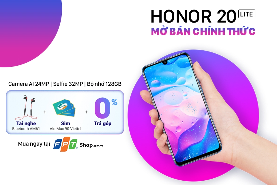 Honor 20 Lite chính thức mở bán tại FPT Shop với giá 5,99 triệu đồng