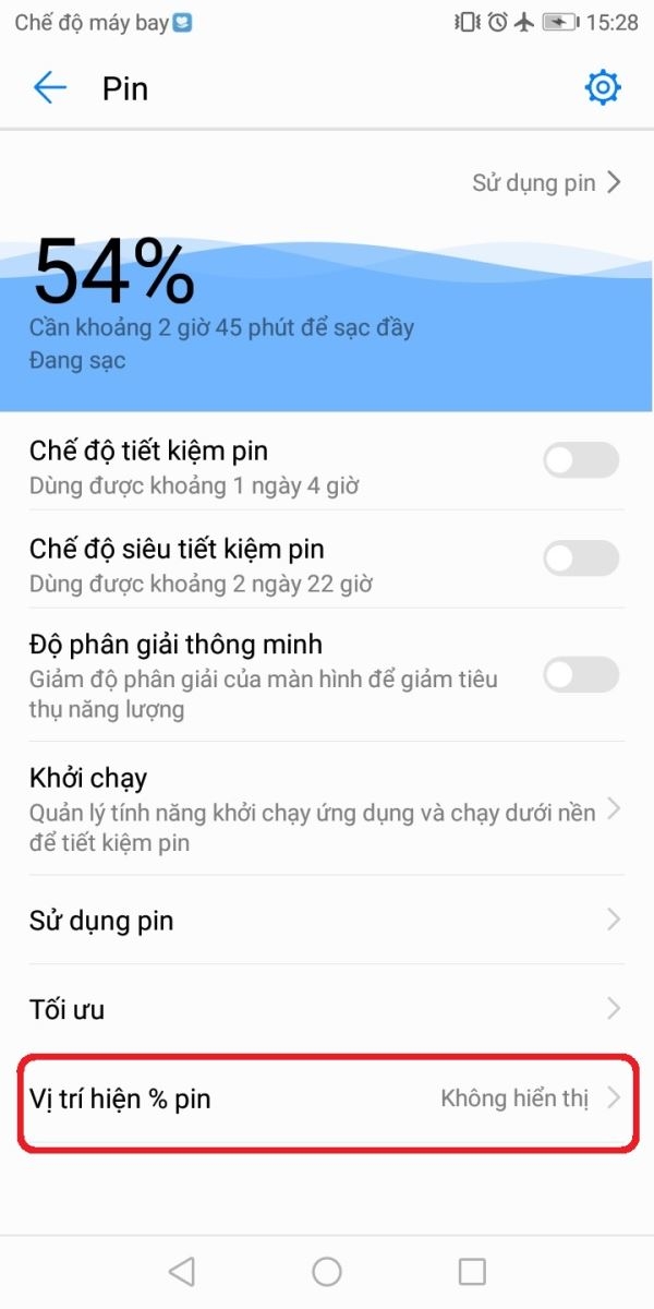 Hướng dẫn bật hiển thị phần trăm pin trên Huawei Y6 Prime 3