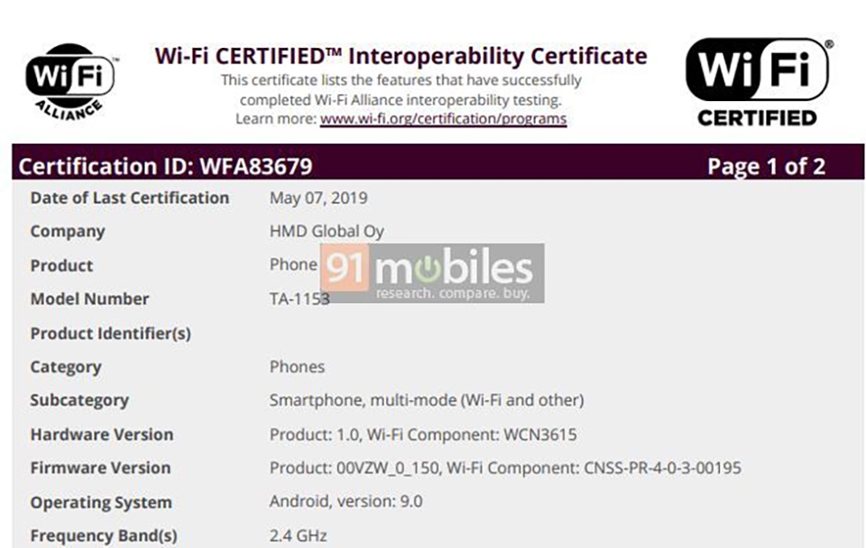 Nokia TA-1153 đạt chứng nhận Wifi