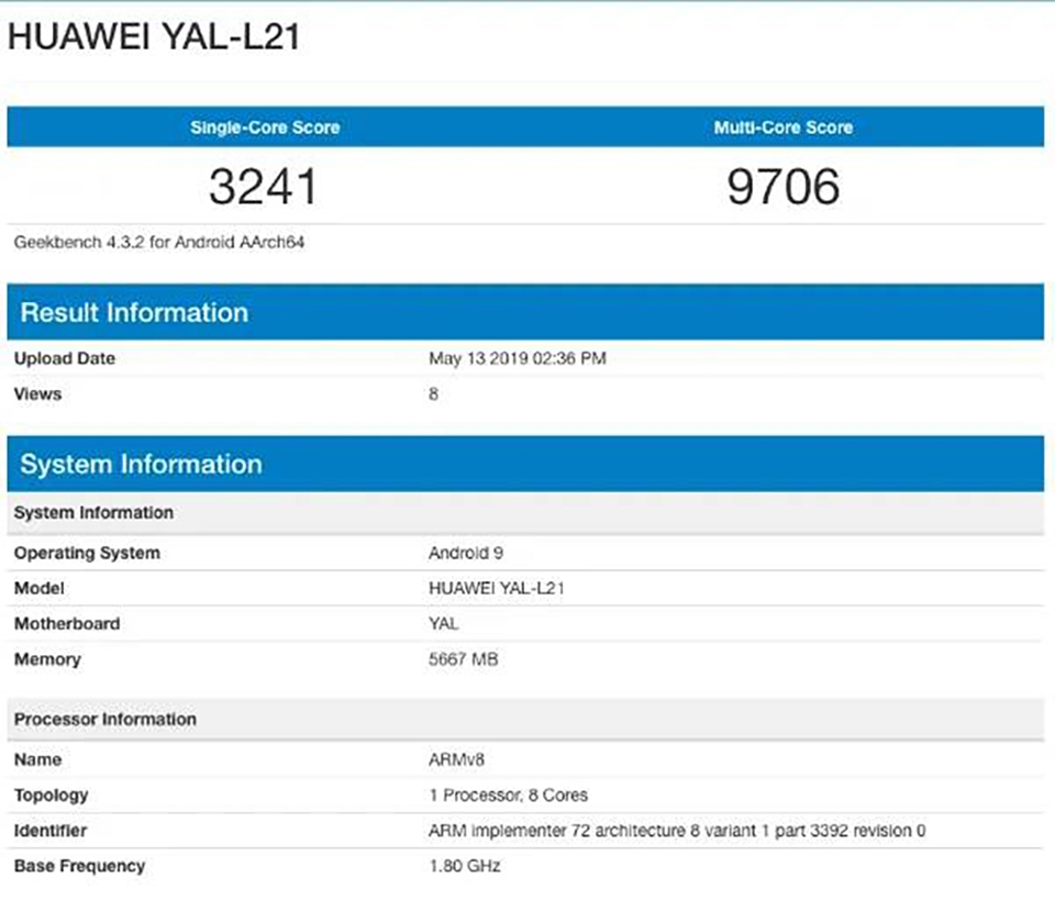 Honor 20 lộ cấu hình trên Geekbench
